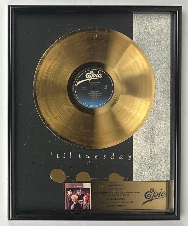 Til Tuesday "Voices Carry" Epic Records Sales Award Presented to Chip Rachlin: Epic Records Sales Award presented to Chip Rachlin to commemorate the sale of more than 500,000 copies of the Epic Records album "Voices Carry" by 'Til Tuesday. The framed display, measuring approxima
