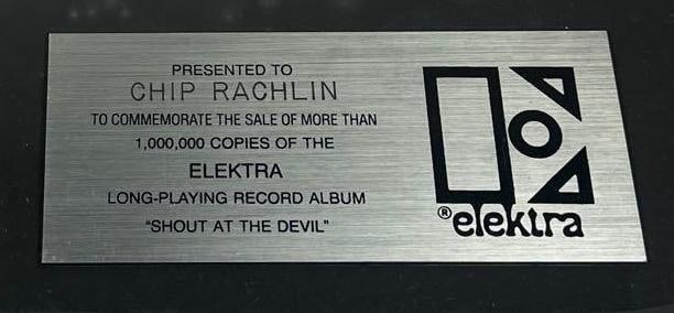 Motley Crue "Shout at the Devil" RIAA Platinum Sales Award Presented to Chip Rachlin - 2