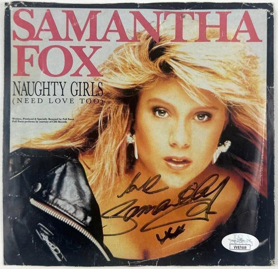 Samantha Fox Signed "Naughty Girls Need Love Too" 45 (JSA Authentication): "Naughty Girls Need Love Too" 45 signed on the cover in black felt tip marker by musician Samantha Fox, who inscribed "love" before her signature. Measuring approximately 7" x 7" and in very good