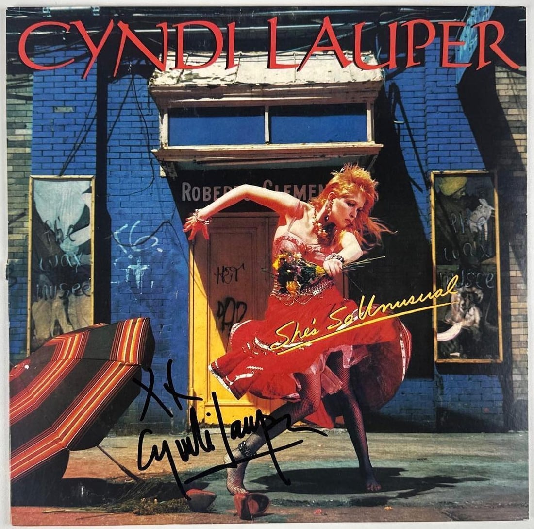 Cyndi Lauper Signed "She's So Unusual" Album (Third Party Guaranteed): "She's So Unusual" album signed on the cover in black felt tip marker by musician Cyndi Lauper. Measuring approximately 12" x 12" and in fine condition. Record is not included. Provenance Eaton &