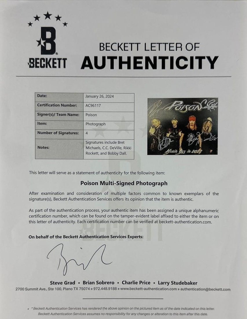Poison Group Signed 8" x 10" "Kicking Ass in 2022" Promo Photo (4 Sigs) (Beckett) - 3