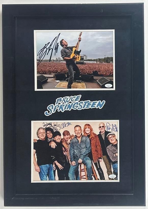 Bruce Springsteen & the E Street Band Group Signed Framed Display (6 Sigs) (JSA): Framed display consisting of (2) signed photos with large blue "Bruce Springsteen" text between them. First color 8" x 10.75" photo signed in black felt tip marker by musician Bruce Springsteen. In fi