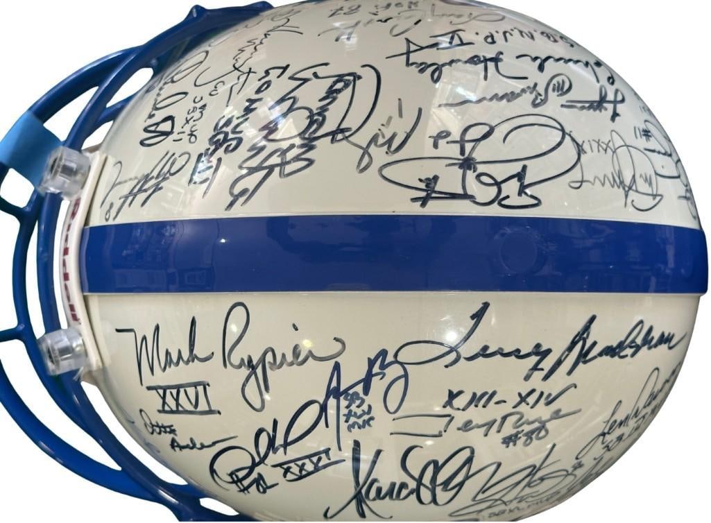 NFL Super Bowl MVPs Multi-Signed Riddell Brand Limited Edition Pro Helmet (40+ Sigs) (JSA & PSA/DNA): White Super Bowl MVP Riddell brand limited edition pro helmet signed throughout the top, neck, and sides in black felt tip marker by over 40 Super Bowl MVP award winners starting in 1967 all the way t