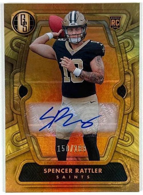 Spencer Rattler Signed New Orlean Saints Rookie RC Sports Card (Third Party Guaranteed): Color 3.5" x 2.5" New Orlean Saints rookie RC sports card signed in blue felt tip marker by NFL football player Spencer Rattler. In fine condition. Provenance Eaton & Brennan Auctions guarantees this