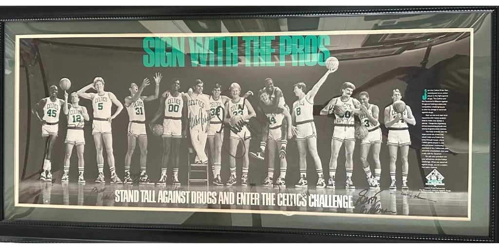Boston Celtics 1986 NBA Champions Team-Signed “Sign With the Pros” Framed Poster Display: Color 26" x 50" NBA champions “Sign With the Pros” framed poster display signed by 1986 Boston Celtics players Danny Aige, Larry Bird, Rick Carlisle, Darren Daye, Conner Henry, Dennis John
