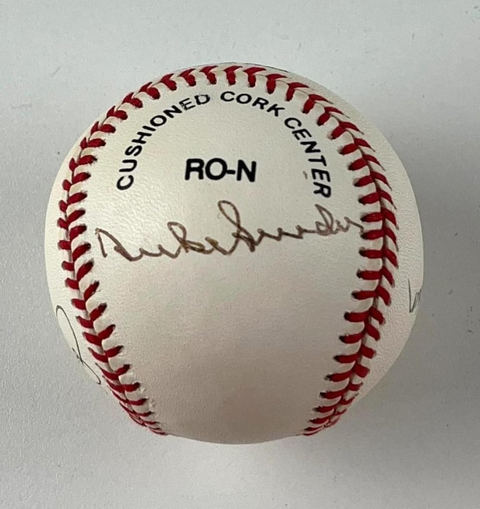 Frank Robinson, Bob Gibson, Duke Snider & Jim Palmer Signed Baseball (4 Sigs) (Third Party): White Rawlings brand 3" baseball signed in black and purple ink by baseball players Frank Robinson, Bob Gibson, Duke Snider, and Jim Palmer. Black ink signatures have faded into brown, and baseball ha