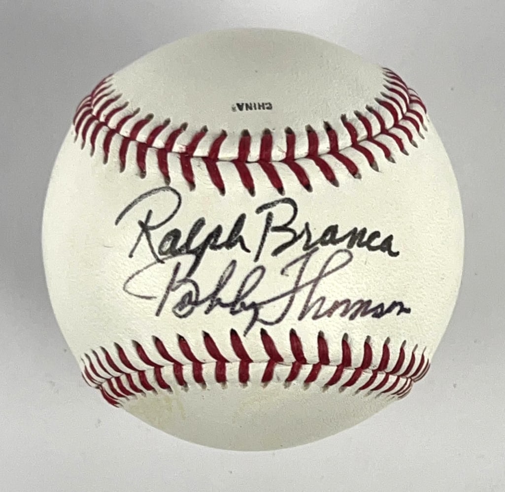 Ralph Branca & Bobby Thomson Signed Baseball (2 Sigs) (Third Party Guaranteed): White Official Collegiate League baseball signed on the sweet spot in black felt tip marker by baseball players Ralph Branca and Bobby Thomson. Measuring approximately 3" x 3" and in fine condition.