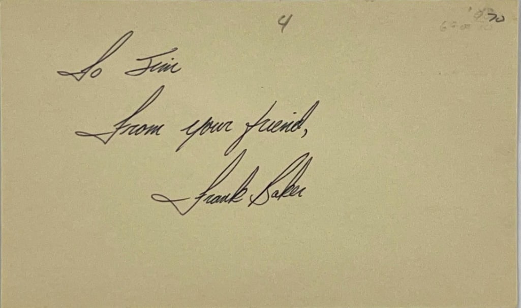 Frank "Home-Run" Baker Signed 3" x 5" Index Card (Third Party Guaranteed): White 3" x 5" index card signed in black ballpoint pen by New York Yankees third baseman Frank "Home-Run" Baker, who inscribed the card "To Jim, from your friend," before his signature. In fine