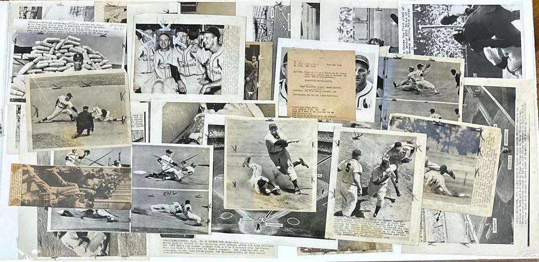 Extensive Vintage Original Type I Baseball Photo Archive 90+ Photos (1950s–60s World Series): Archive of approximately 90 vintage original Type I baseball photographs and related period newspaper clippings, dating primarily from the 1950s and 1960s and preserved within 13 period manila
