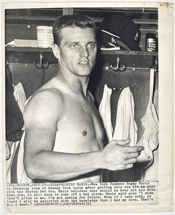 Roger Maris New York Yankees 1961 AP Wire 10" x 8" News Service Photograph: Vintage black-and-white 10" x 8" News Service photograph of New York Yankees baseball player Roger Maris. This photo was taken on September 23rd, 1961, after Maris played against the Boston Red Sox,