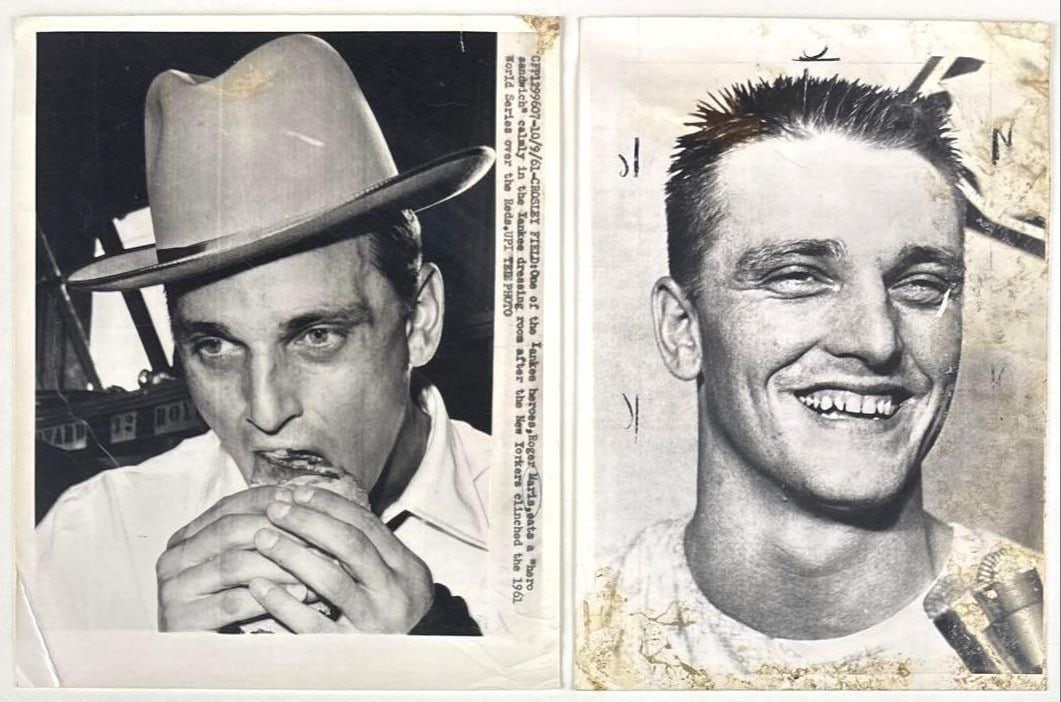 Roger Maris New York Yankees 1961 United Press International News Service Photos Lot of (2): Lot of (2) vintage black-and-white News Service photographs of New York Yankees baseball player Roger Maris. First 10" x 8" photo of Maris was taken on September 9th, 1961, eating a 'hero sandwhich'