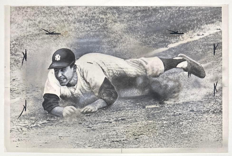 Yogi Berra New York Yankees 1958 9" x 14" News Service Photograph: Vintage black-and-white 9" x 14" News Service photograph of New York Yankees baseball player Yogi Berra. This photo was taken on October 5th, 1958, at Game 4 of the World Series. In very good conditio