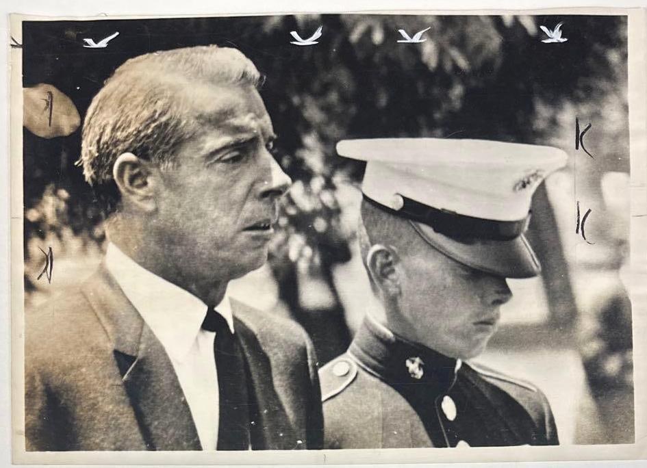 Joe DiMaggio at Funeral of Marilyn Monroe 1962 10" x 14" News Service Photograph: Vintage black-and-white 10" x 14" 1962 News Service photograph of New York Yankees baseball player Joe DiMaggio. This photo was taken on August 8th, 1962, at the funeral of DiMaggio's ex-wife Marilyn 