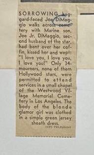 Joe DiMaggio at Funeral of Marilyn Monroe 1962 10" x 14" News Service Photograph - 3
