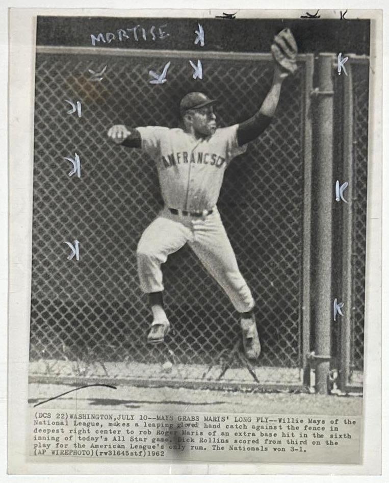Willie Mays 1962 American League Baseball AP Wire 14" x 11" News Service Photograph: Vintage black-and-white 14" x 11" 1962 News Service photograph of American League baseball player Willie Mays. This photo was taken on July 10th, 1962 in an All Star game against the Nationals. In ver
