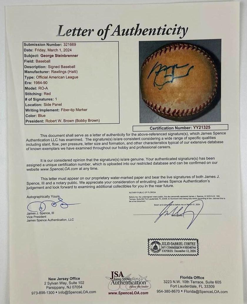 George Steinbrenner Signed Rawlings Brand Official American League Baseball (JSA) - 4