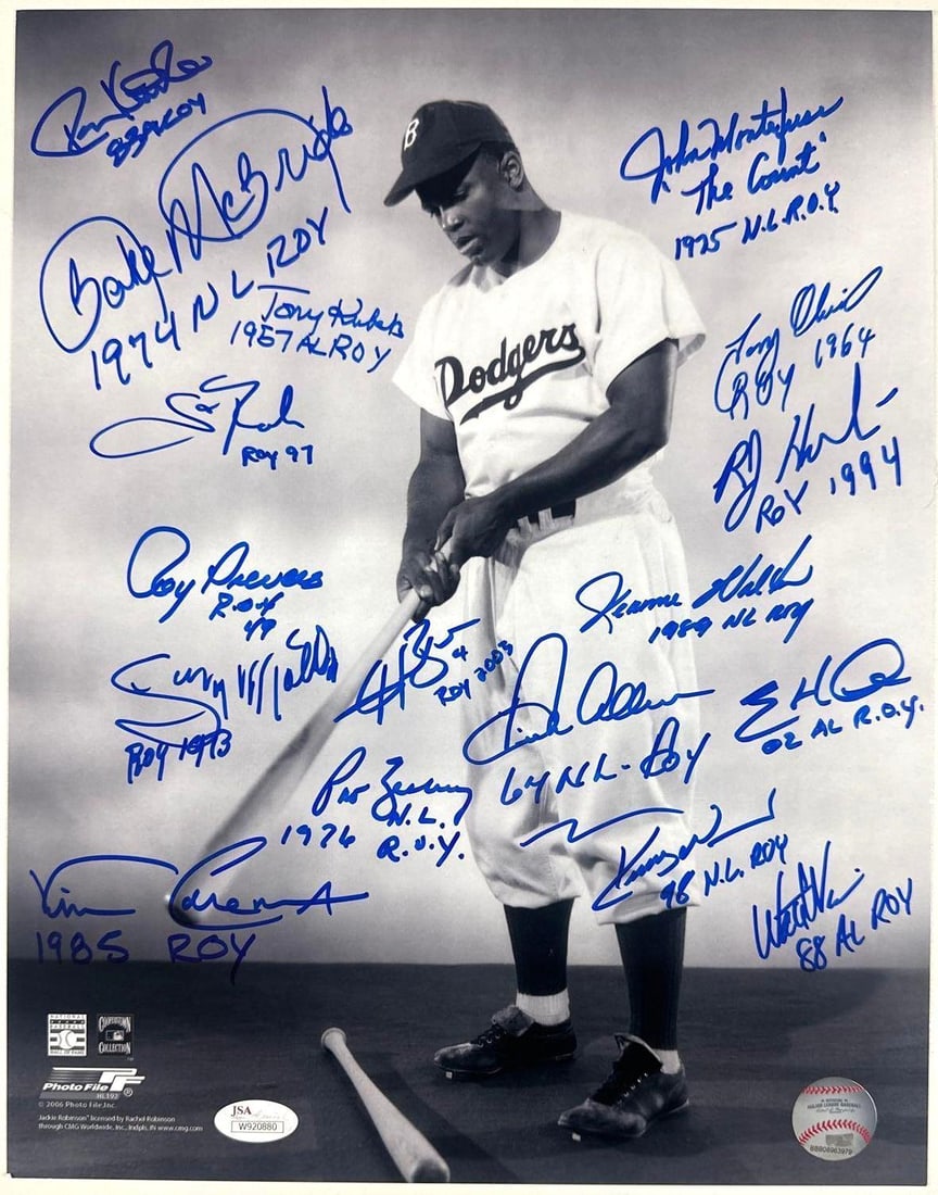 Baseball Rookie of the Year Multi-Signed 14" x 11" Jackie Robinson Photo (17 Sigs) (JSA & OMLB): Black-and-white 14" x 11" photograph depicting baseball legend Jackie Robinson, signed in blue felt tip marker by 17 Major League Baseball Rookie of the Year Award winners: Tony Kubek, Ron Kittle,