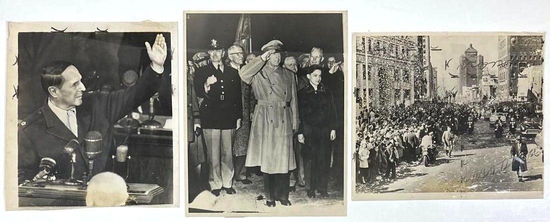 General MacArthur: Group Lot of (3) 1951 & 1952 News Service Photographs: Group lot of (3) vintage black-and-white News Service Photographs. First 12.5" x 11.5" photo of General Douglas MacArthur was taken on April 19th, 1951, as MacArthur delivers his "Old Soldiers Never