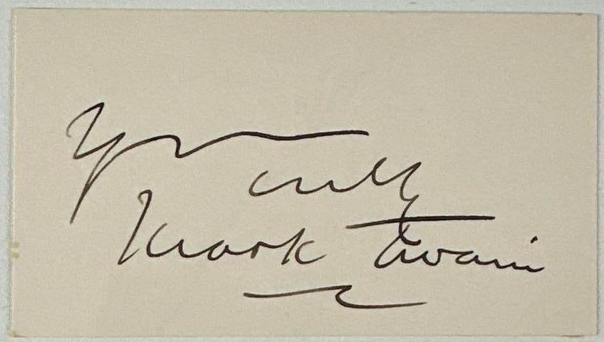 Mark Twain Signed 2" x 3.5" Cut (Beckett Authentication): White paper 2" x 3.5" cut signed in black ballpoint pen by author and writer Mark Twain, who inscribed "yours truly" before his signature. In very good condition, with some signs of scattered wear, in