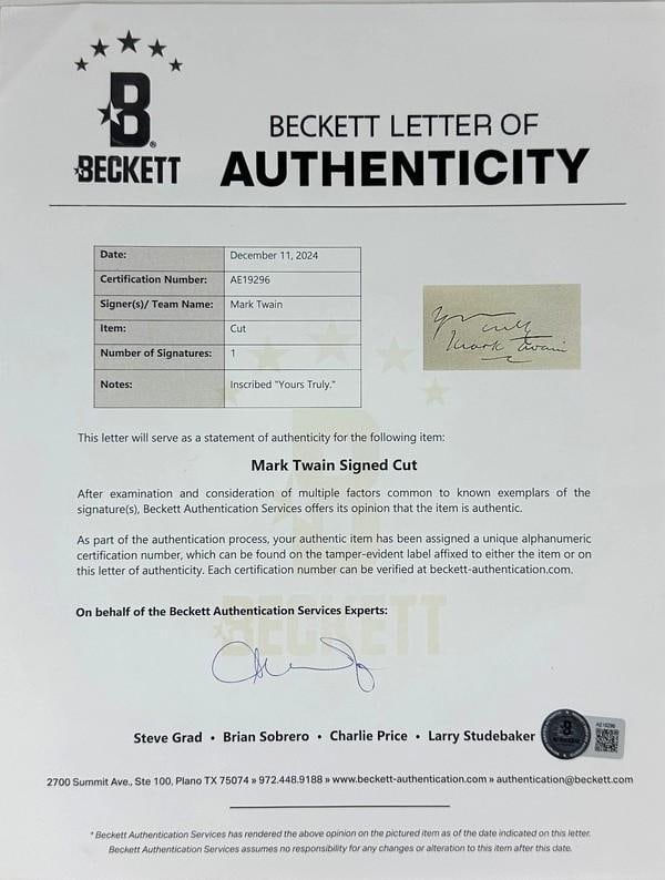 Mark Twain Signed 2" x 3.5" Cut (Beckett Authentication) - 3