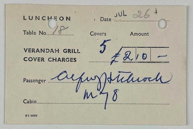 Alfred Hitchcock Signed 3" x 4.5" RMS Queen Mary Verandah Grill Lunch Receipt (PSA/DNA Auth.): White paper 3" x 4.5" RMS Queen Mary Verandah Grill lunch receipt signed in blue ballpoint pen by director Alfred Hitchcock. Receipt was for the cost of five people for the total of £2.10 for tab