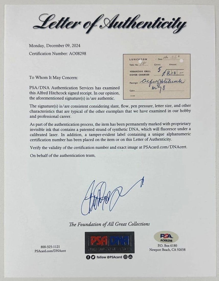 Alfred Hitchcock Signed 3" x 4.5" RMS Queen Mary Verandah Grill Lunch Receipt (PSA/DNA Auth.) - 3