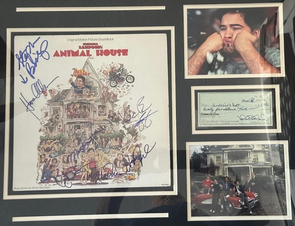 Animal House Multi-Cast Signed 30.5" x 25.5" Soundtrack Album & Check Framed Display (8 Sigs): Color 30.5" x 25.5" fframed display of the soundtrack album for the film “Animal House” and signed check. “Animal House” soundtrack album signed on the cover in blue felt tip