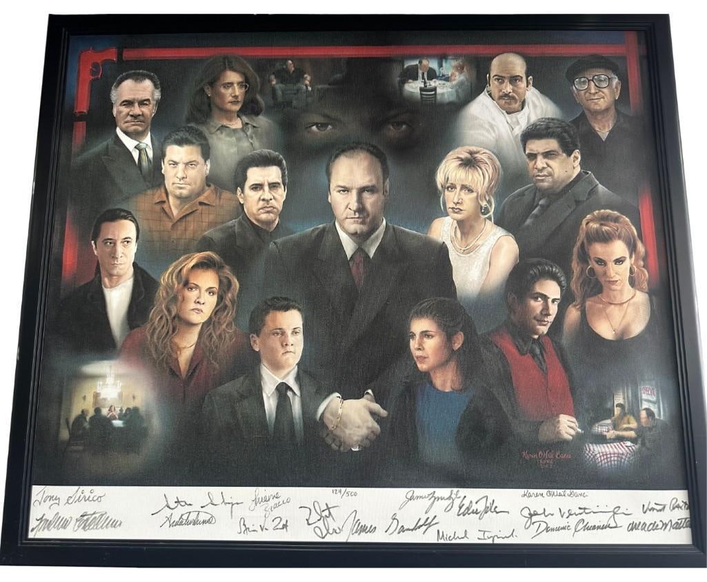 The Sopranos Multi-Cast Signed 32" x 39" Painted Canvas Framed Display (17 Sigs) (Third Party): Color 32" x 38" painted canvas framed display from the television series “The Sopranos” signed on the bottom blank space in black felt tip marker by actors Tony Sirico, Lorraine Bracco,