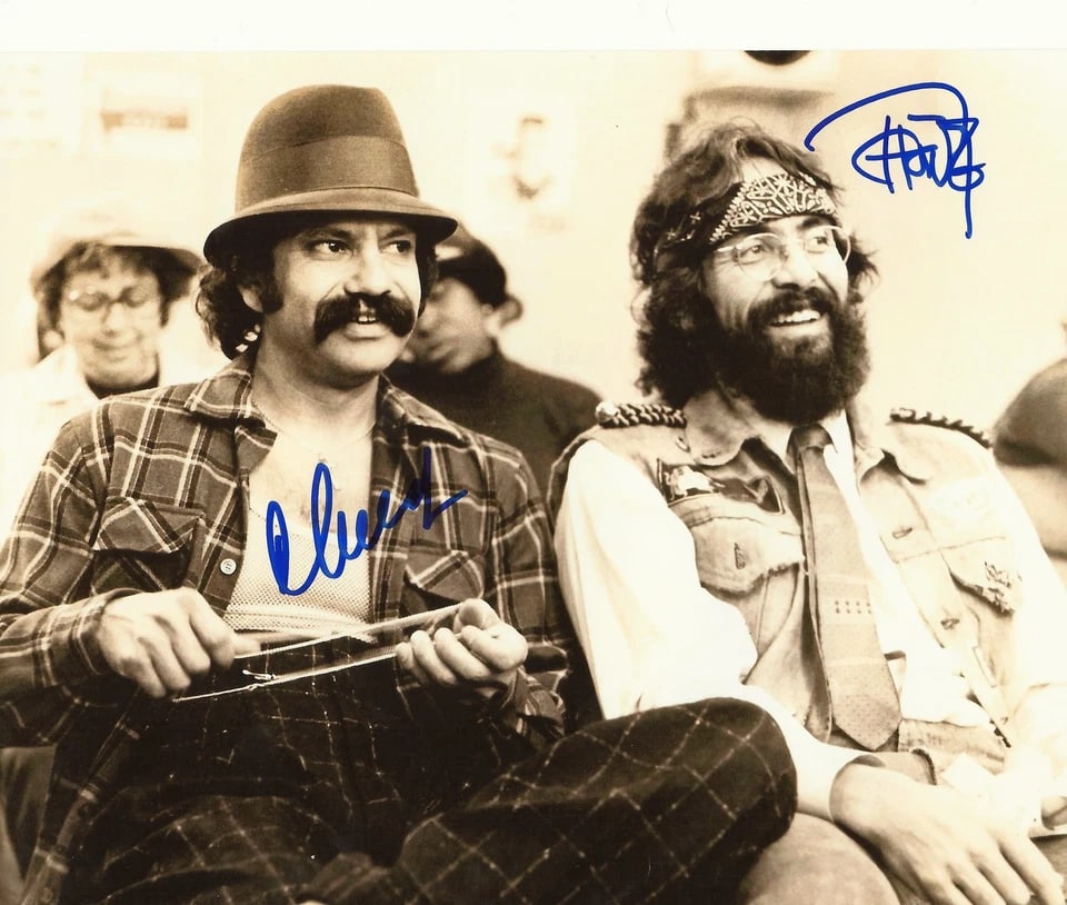 Up in Smoke: Cheech & Chong Signed 8" x 10" Photo as Pedro & Anthony (2 Sigs) (ACOA): Color 8" x 10" photo of the characters Pedro De Pacas and Anthony 'Man' Stoner from the film "Up in Smoke" signed in blue felt tip marker by Cheech & Chong duo Cheech Marin and Tommy Chong. In fine co