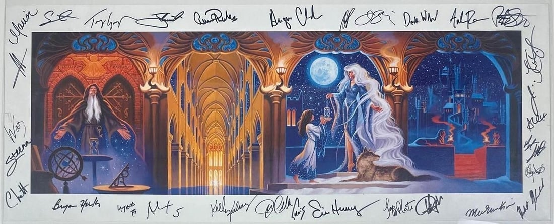 The Last Unicorn Cast Signed Canvas Print (30+ Sigs) (Third Party Guaranteed): Color illustrated canvas print from The Last Unicorn, signed along the outer white border in black felt tip marker by more than 30 individuals associated with the film, including Peter S. Beagle,