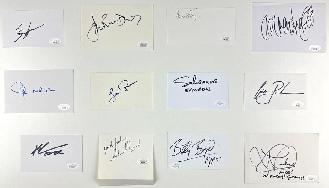 Lord of the Rings: Sean Astin, John Rhys-Davies, Ect. Group Lot of (12) Signatures (JSA): Group lot of (12) signed white cards, each individually autographed by a cast member from The Lord of the Rings and The Hobbit film series. Signers include actors Sean Astin, John Noble, Karl Urban,