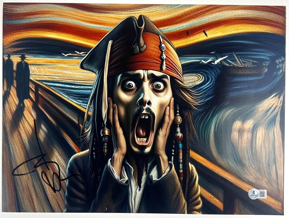Pirates of the Caribbean: Johnny Depp Signed Photo as Captain Jack Sparrow (Beckett): Color 12" x 16" photo of the character Captain Jack Sparrow from the film "Pirates of the Carribean" signed in black felt tip marker by actor Johnny Depp. In fine condition. Authenticated by Beckett, 