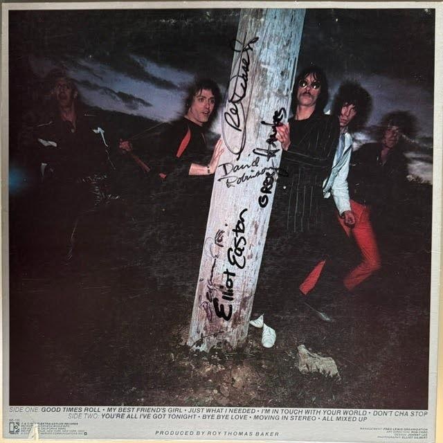 The Cars Fully Group Signed "S/T" Album (5 Sigs) (JSA Authentication): "The Cars" album company promo copy signed on the back cover in black felt tip marker by The Cars band members Ric Ocasek, Elliot Easton, Benjamin Orr, David Robinson, and Greg Hawkes in black fiber-t