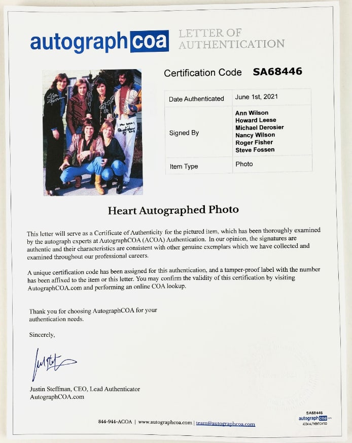 Heart Fully Group Signed 14" x 11" Photo (6 Sigs) (ACOA Authentication) - 2