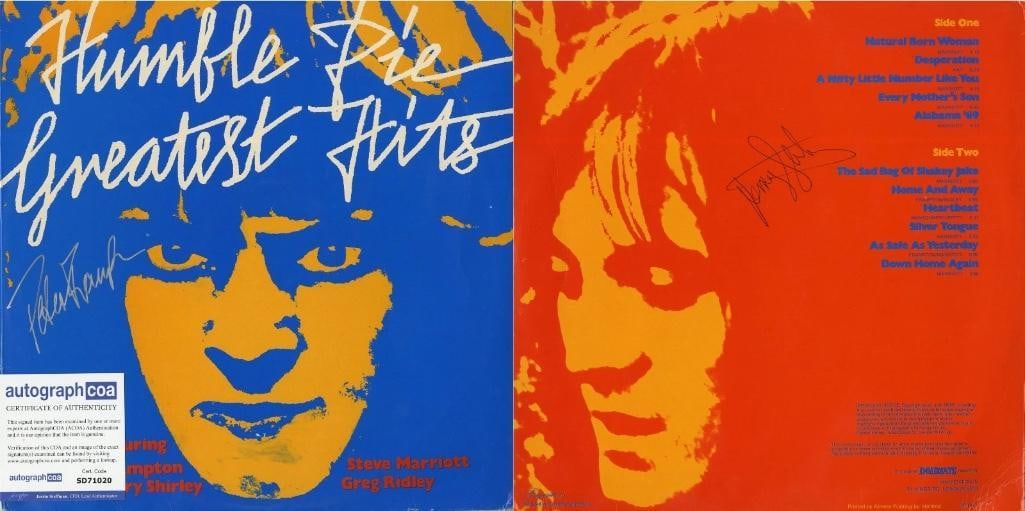 Humble Pie: Peter Frampton & Jerry Shirley Signed "Greatest Hits" Album (ACOA): "Greatest Hits" compilation album signed in black felt tip marker on the front and back covers by Humble Pie co-founder/guitarist Peter Frampton on the front and drummer Jerry Shirley on the back..