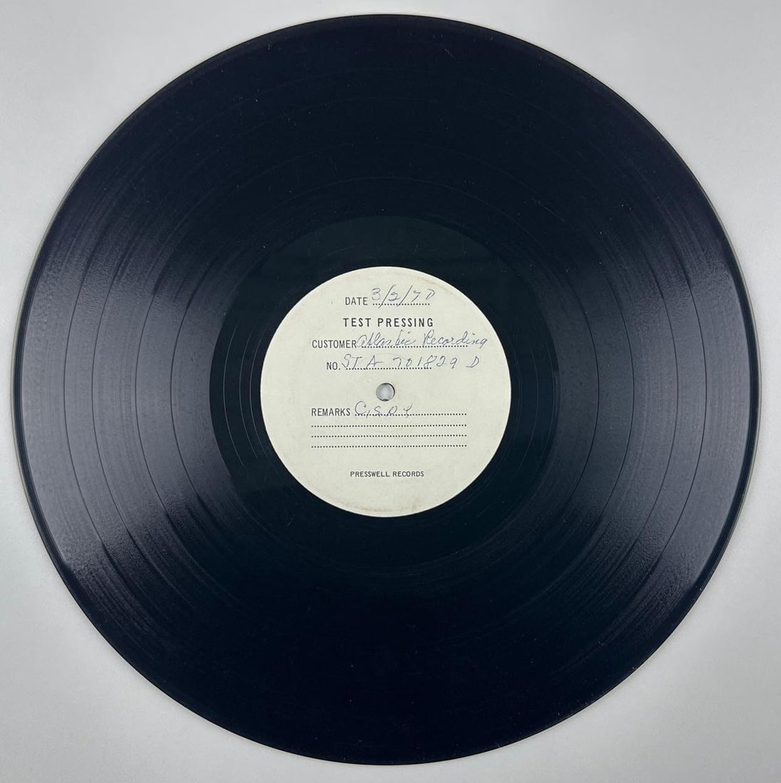 Crosby, Stills, Nash & Young 1970 "Deja Vu" Original Test Pressing (Chip Rachlin Collection): Rare vintage original March 2, 1970 Presswell Records test pressing of Crosby, Stills, Nash & Young's landmark album Deja Vu, prepared for Atlantic Recording Corporation. The white Presswell Records
