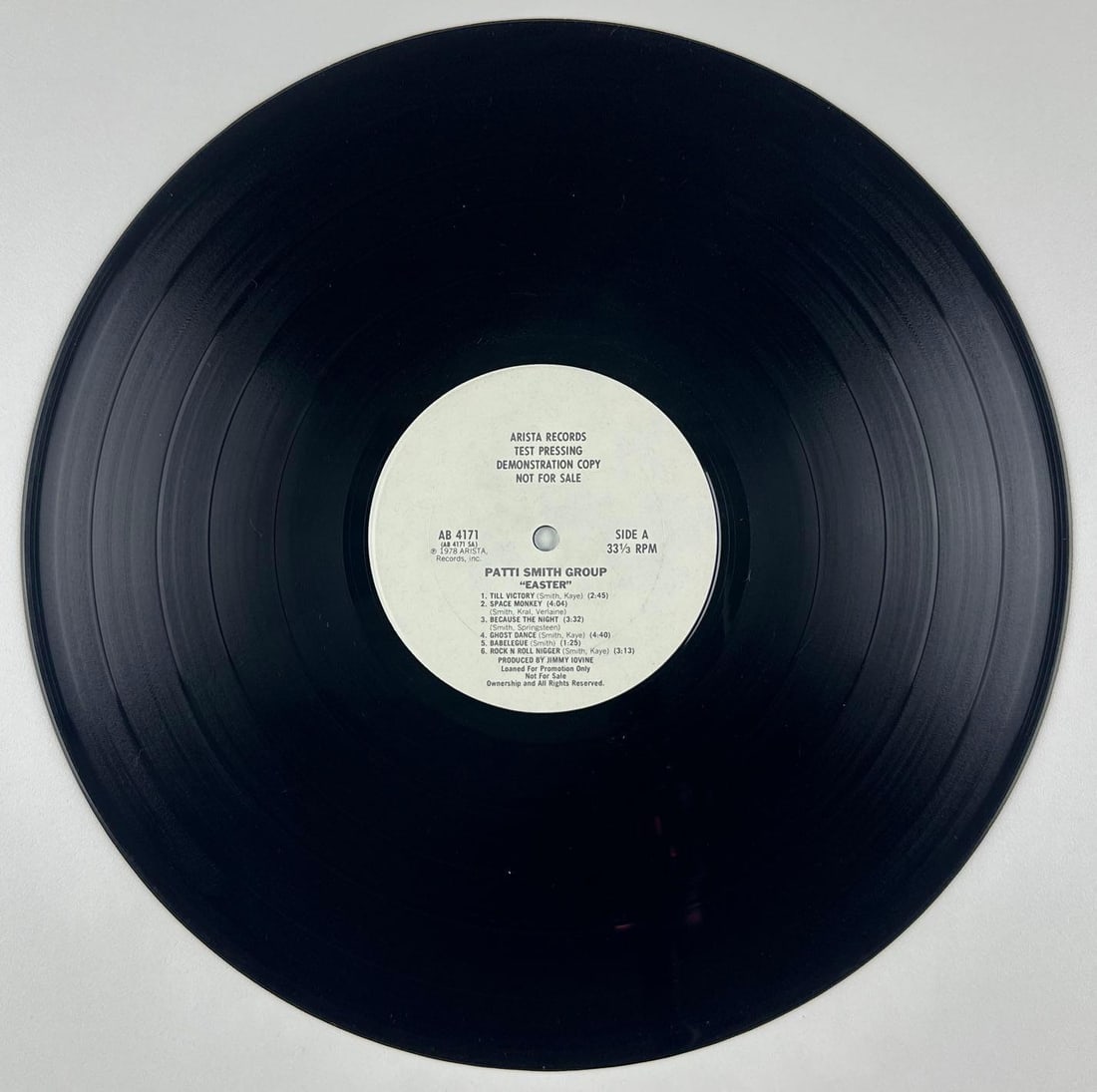 Patti Smith Group "Easter" Original 1978 Test Pressing Album (Chip Rachlin Collection): Rare original test pressing of Patti Smith Group's landmark 1978 album "Easter," featuring the hit single "Because the Night," co-written by Patti Smith and Bruce Springsteen. Measuring approximately