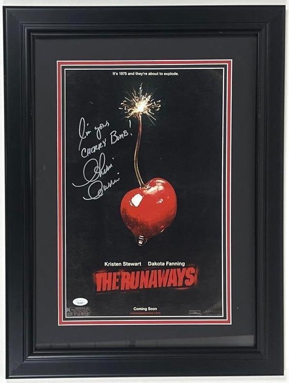The Runaways: Cherie Currie Signed "The Runaways" Mini Movie Poster (JSA): Color 16.5" x 11" "The Runaways" mini poster signed in silver felt tip marker by The Runaways band member Cherie Currie, who inscribed "I'm your CHERRY BOMB!" before her signature. Signed poster