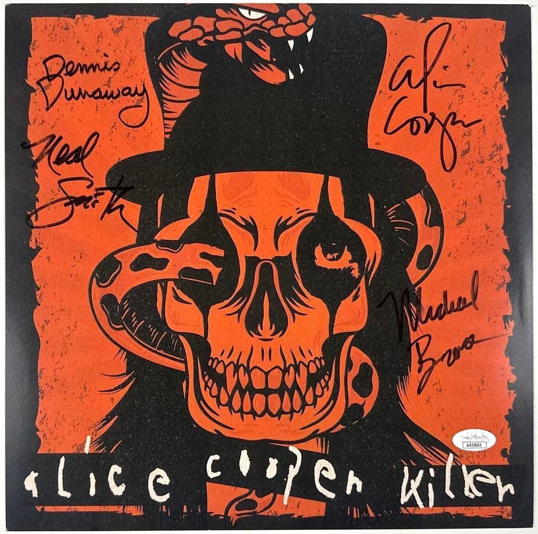 Alice Cooper Band Group Signed "Killer" Album Flat (4 Sigs) (JSA Authentication): "Killer" album signed on the album flat within in black felt tip marker by Alice Cooper band members Dennis Dunaway, Neal Smith, Michael Bruce, and Alice Cooper. Measuring approximately 12" x 12" and