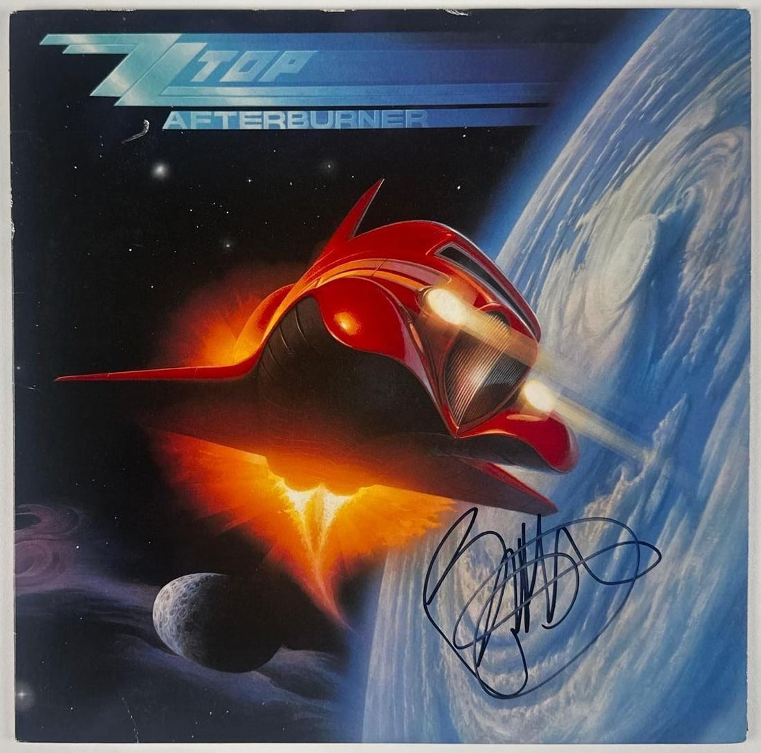 ZZ Top: Billy Gibbons Signed "Afterburner" Album (ACOA Authentication): "Afterburner" album signed on the cover in black felt tip marker by ZZ Top band member Billy Gibbons. Measuring approximately 12" x 12" and in good condition with minor signs of handling wear along