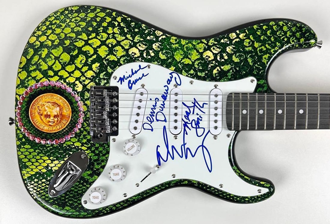 Alice Cooper Band Group Signed "Million Dollar Babies" Graphics Strat-Style Guitar (4 Sigs): "Million Dollar Babies" custom graphics Stratocaster-style guitar signed on the pickguard in blue felt tip marker by Alice Cooper band members Dennis Dunaway, Michael Bruce, Neal Smith, and Alice Coop