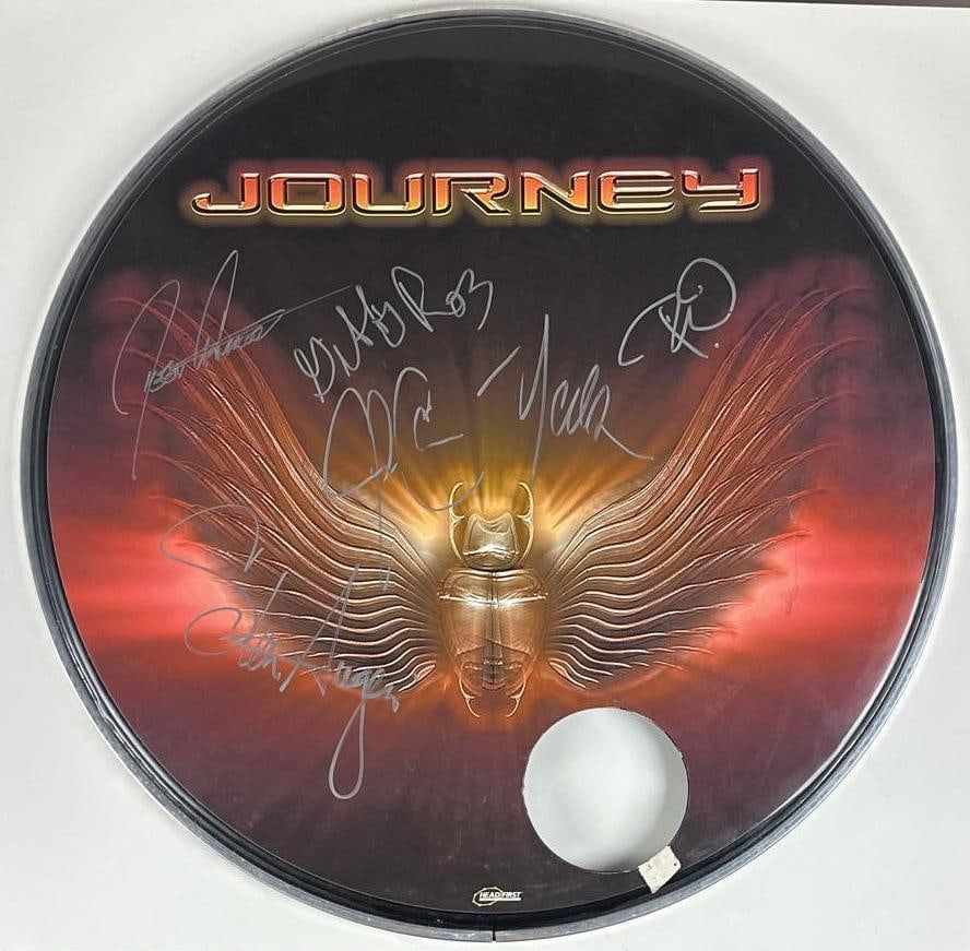 Journey Group Signed "Infinity" Custom Graphics 23" Headfirst Brand Bass Drumhead (6 Sigs): Color "Infinity" album custom graphics 23" x 23" Headfirst brand bass drumhead signed on the front in silver felt tip marker by Journey band members Steve Augeri, Neal Schon, Jonathan Cain, Greg Rolli