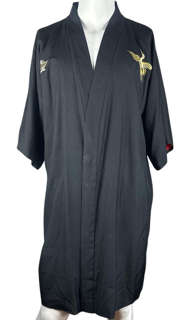 Black Embroidered Crane Kimono Robe (Chip Rachlin Collection) - 2