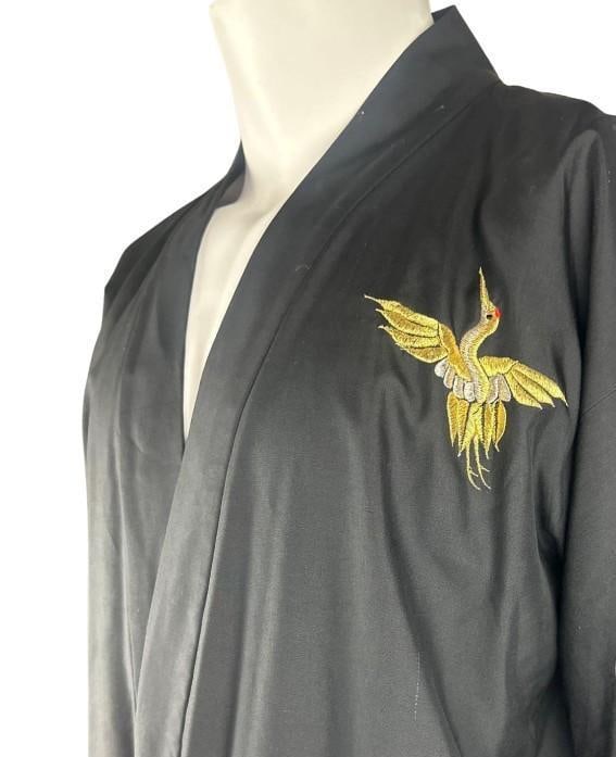 Black Embroidered Crane Kimono Robe (Chip Rachlin Collection) - 4