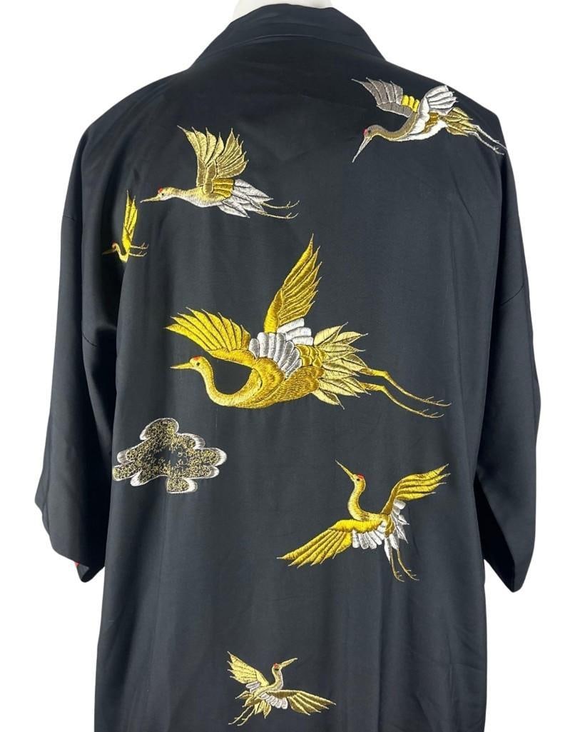Black Embroidered Crane Kimono Robe (Chip Rachlin Collection) - 5