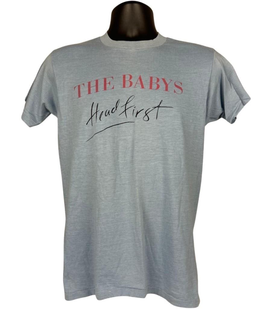 The Babys Vintage "Head First" Album T-Shirt (Chip Rachlin Collection): Vintage riginal blue, pink, and black small sized 26" x 18" the Babys "Head First" album t-shirt. The front features the bands name in large straight pink text with the album title "Head First"