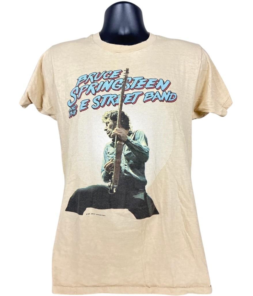 Bruce Springsteen & the E Street Band Vintage T-Shirt (Chip Rachlin Collection): Original Screen Stars brand tan, red, blue, and white mens size large 28" x 17" Bruce Springsteen & the E Street Band "Live in Detroit" concert t-shirt. The front features illustration of Springsteen