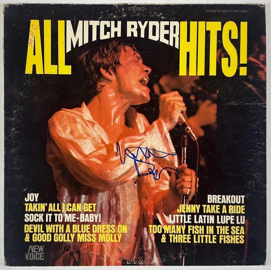 Mitch Ryder Signed "All Mitch Ryder Hits!" Album Jacket (JSA Authentication): "All Mitch Ryder Hits!" album signed on the cover in blue felt tip marker by Mitch Ryder. Measuring approximately 12" x 12" and in fair to good condition with noticeable edge, corner, and ring wear,