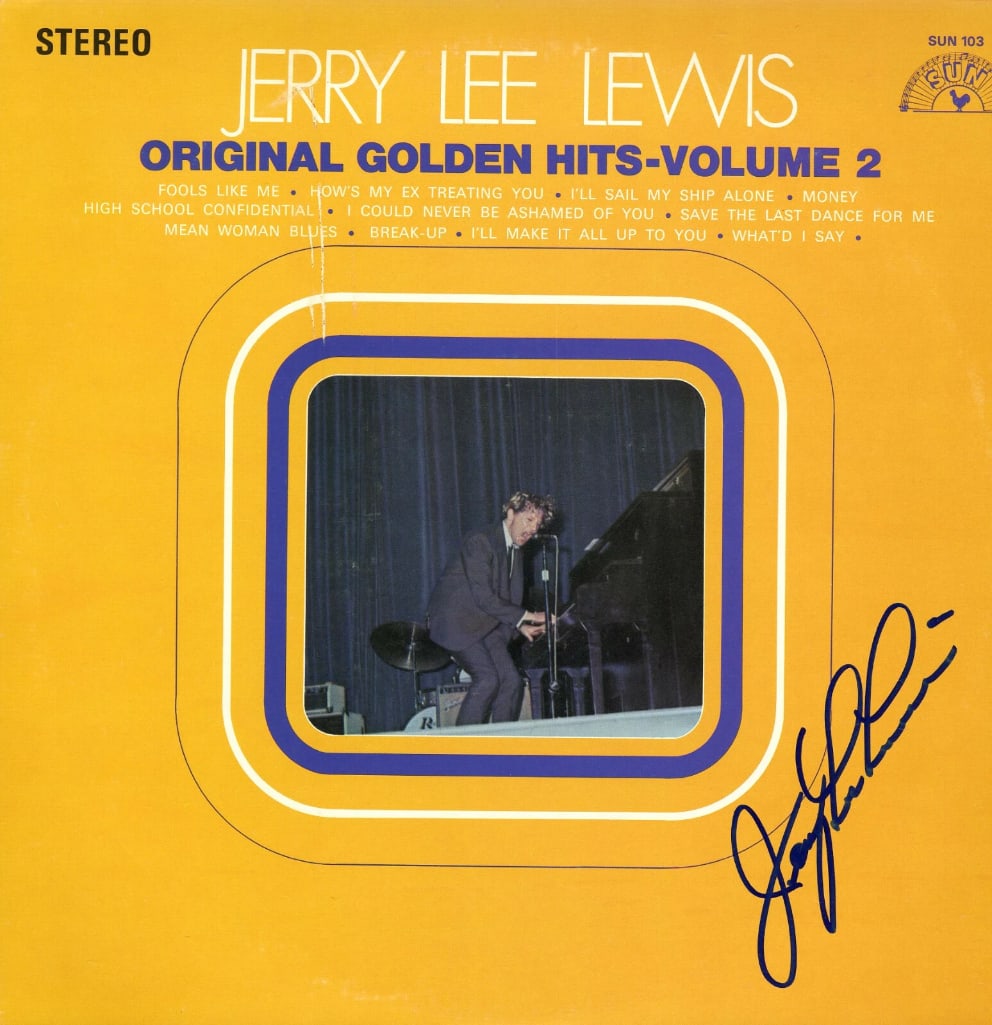 Jerry Lee Lewis Signed "Original Golden Hits Volume 2" Album (ACOA Authentication): "Original Golden Hits – Volume 2" album signed on the cover in blue felt tip marker by rock 'n' roll legend Jerry Lee Lewis. Measuring approximately 12" x 12" and in good condition with minor