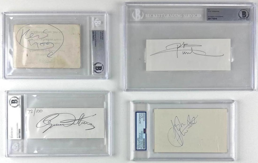 The Who Complete Group Signed Set of (4) Cuts w/ Keith Moon (Beckett & PSA/DNA): Set of (4) cuts signed cumulatively by the legendary rock band The Who, including Keith Moon, Pete Townshend, Roger Daltrey, and John Entwistle. White 3" x 4.5" business card signed in blue ballpoint